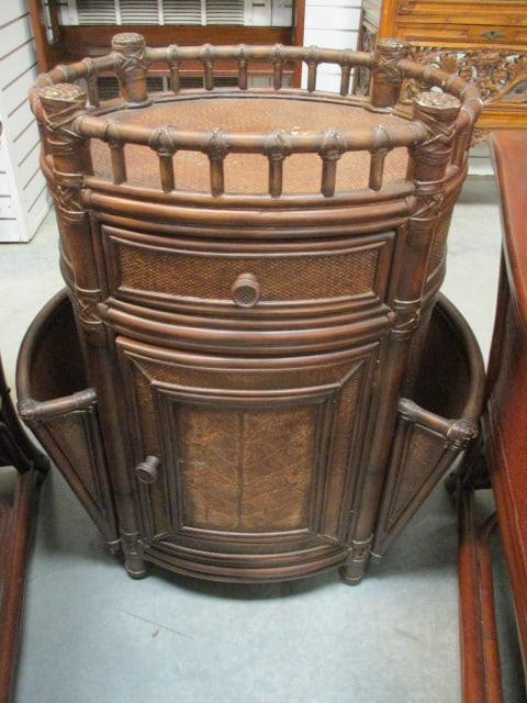 Seven Seas by Hooker Furniture Rattan and Cane Look Magazine Cabinet: 24" x 16" x 30", Drawer and door storage with magazine holders on both sides, some finish scuffs and wear on back panel, Local Pickup Only