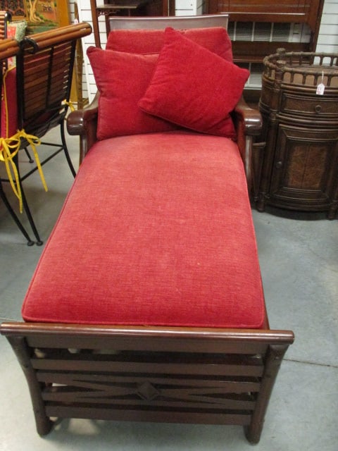 Chinese Chippendale Style Rattan Look Chaise Lounge with Cane Panels: Feather filled back cushion and throw pillow, 29"w x 66" long, back cushion has some UV light fading, arms have some polish build-up