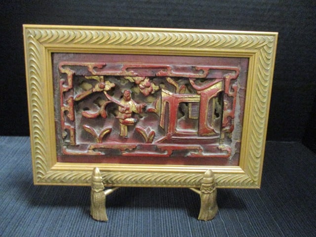 Framed Red Painted Chinese Carved Panel with Gilt Accents on Tabletop Easel: Panel 10 1/4" x 7"