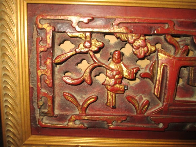 Framed Red Painted Chinese Carved Panel with Gilt Accents on Tabletop Easel - 2