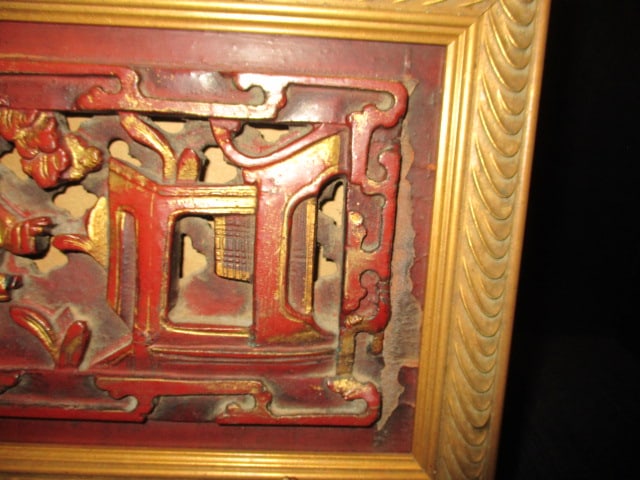 Framed Red Painted Chinese Carved Panel with Gilt Accents on Tabletop Easel - 3