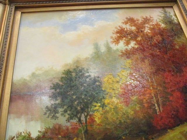 Signed JC Seo Fall Forest Landscape Painting on Canvas in Ornate Gilt Frame - 2