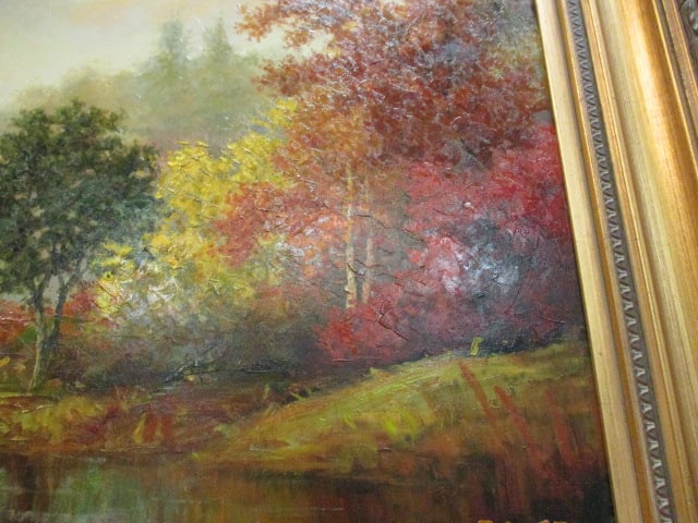 Signed JC Seo Fall Forest Landscape Painting on Canvas in Ornate Gilt Frame - 3