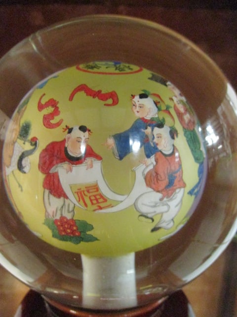 Vintage Reverse Painted Chinese Glass Buddha Ball with Traditional Chinese Deities - 3