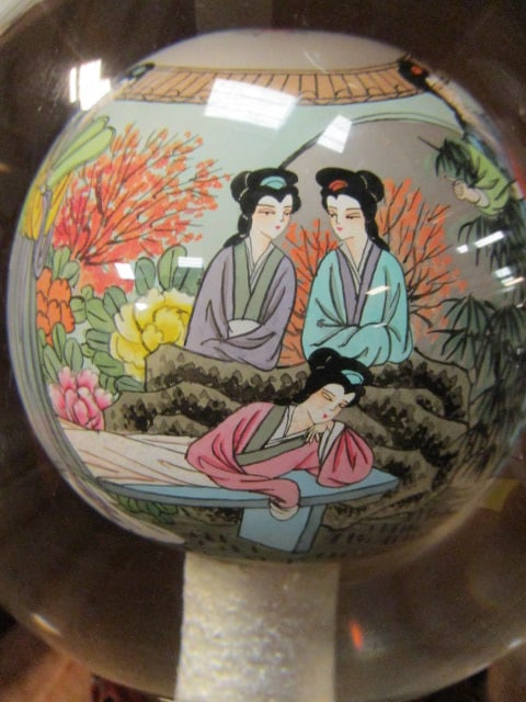 Vintage Reverse Painted Chinese Glass Buddha Ball with Traditional Geisha Gathering - 2