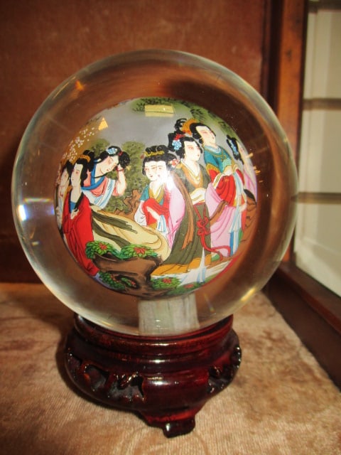 Vintage Reverse Painted Chinese Glass Buddha Ball with Traditional Geisha Playing Board Game: on Wood Display Stand. 5 3/4"h overall with stand, Ball 4 1/4"dia