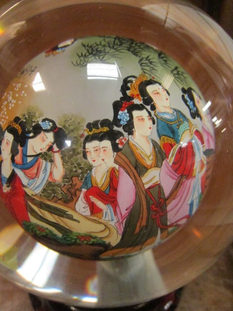 Vintage Reverse Painted Chinese Glass Buddha Ball with Traditional Geisha Playing Board Game - 2