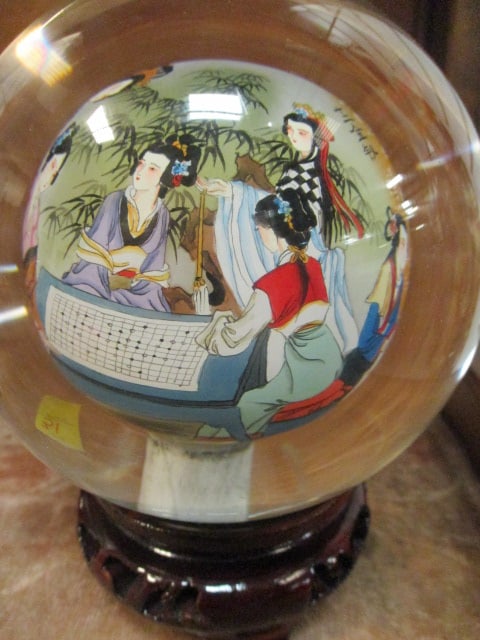 Vintage Reverse Painted Chinese Glass Buddha Ball with Traditional Geisha Playing Board Game - 3