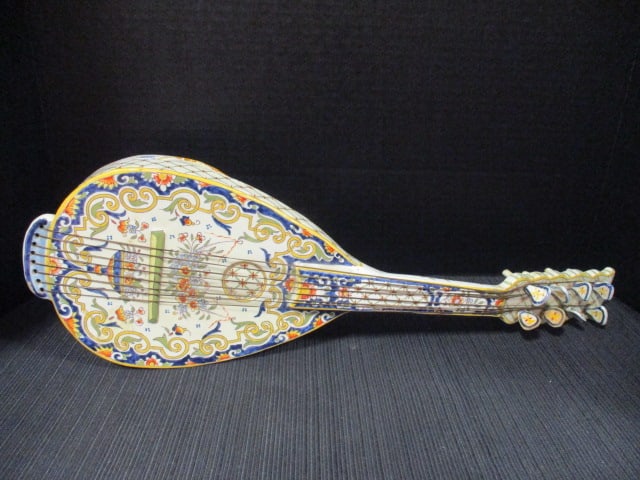 Vintage Imperial French Handpainted Faience Mandolin Planter: 20 1/2" long, French Polychrome Floral Design, has Imperial France Decor Main underglaze on back
