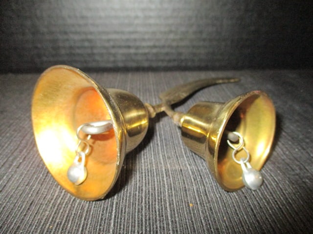 Vintage Brass Feather Handle Double Table Bell - 3