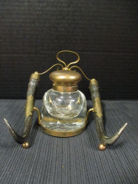 Vintage Brass and Horn Inkwell Pen Rest with Cut Glass Ink Bottle: 5 1/2"w x 6" long x 5"h