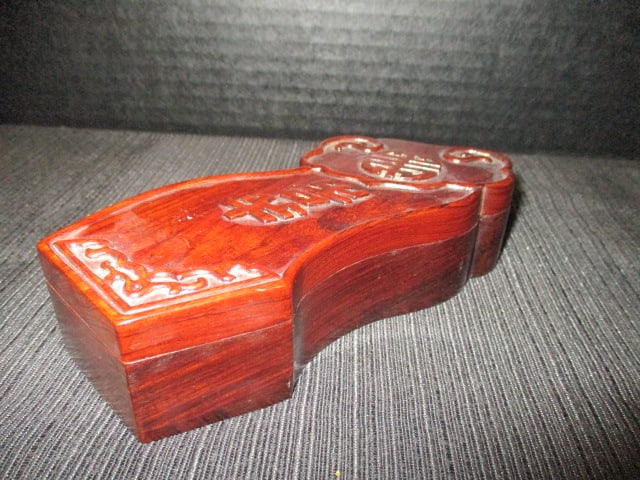 Chinese Symbol Carved Mahogany Trinket Box: 6 1/2" long x 1 1/2"h