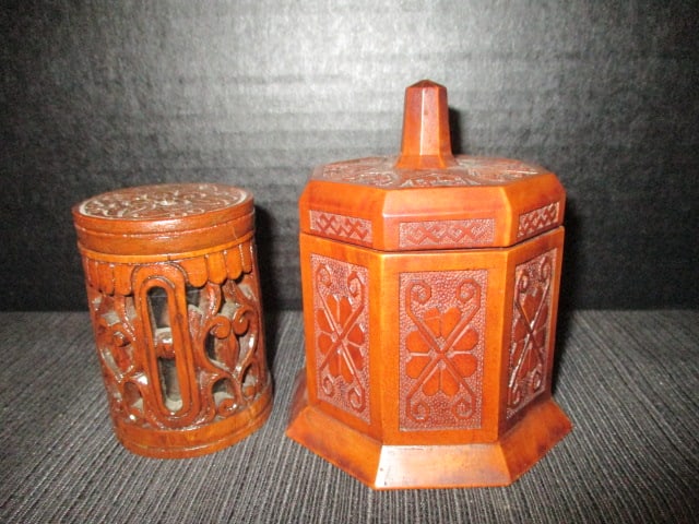 Two Decorative Carved Lidded Boxes: Round 3"h, Octagonal 4 1/2"h