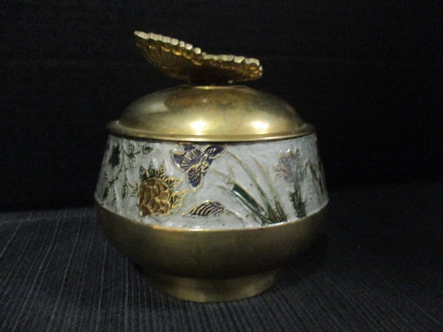 Penco Industries Brass Lidded Box with Enamel Painted Iris Florals with Butterfly Finial: 5"h