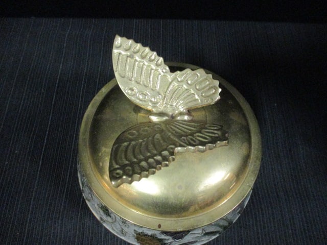 Penco Industries Brass Lidded Box with Enamel Painted Iris Florals with Butterfly Finial - 2