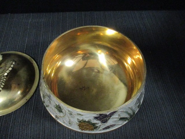 Penco Industries Brass Lidded Box with Enamel Painted Iris Florals with Butterfly Finial - 3