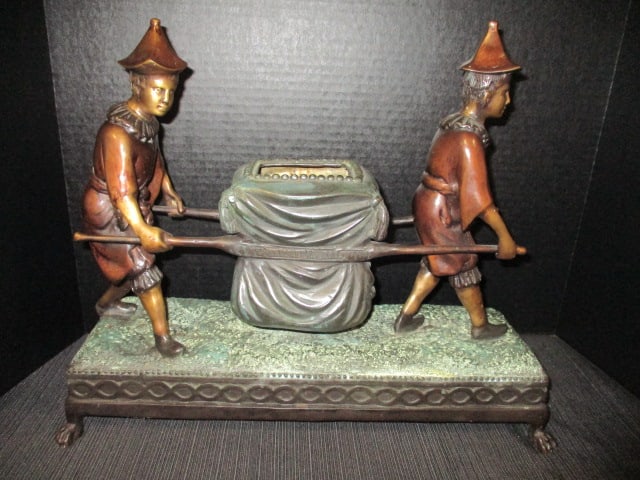 Vintage Bronzed Orientalist Figural Palanquin Form Jardiniere Planter: 17 1/2" x 6" x 14", claw feet