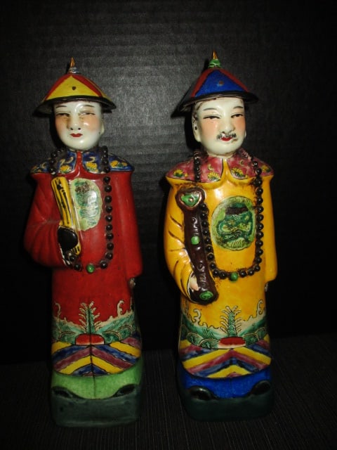 Two Chinese Polychrome Porcelain Mandarin Court Official Figures: both 11 1/2"h, have maker's impression on bottom