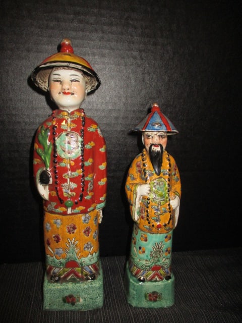 Two Chinese Polychrome Porcelain Mandarin Court Official Figures: 8 1/2"h, 10 3/4"h, have maker's impression on bottom