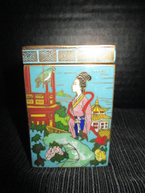 Signed Chinese Cloisonne Lidded Box with Geisha Scenes - 2