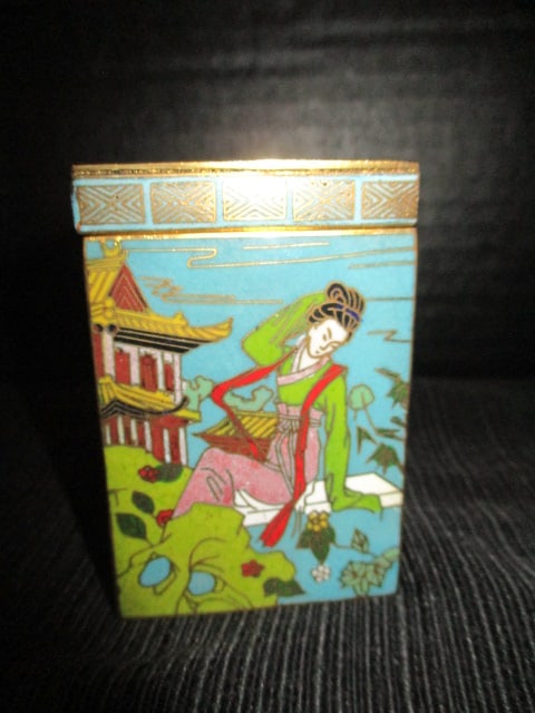 Signed Chinese Cloisonne Lidded Box with Geisha Scenes - 3