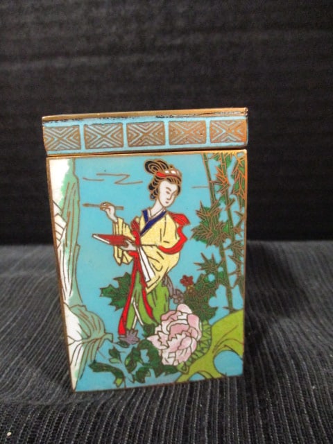 Signed Chinese Cloisonne Lidded Box with Geisha Scenes - 4