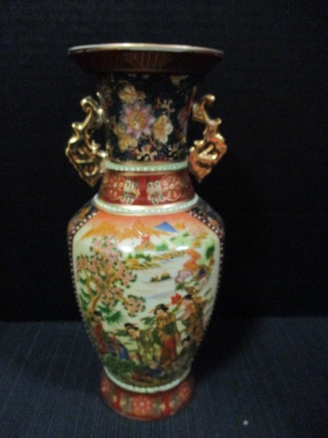 Vintage Asian Satsuma Style Porcelain Baluster Vase with Gilt Dragon Handles with Geisha Scene: 10"h