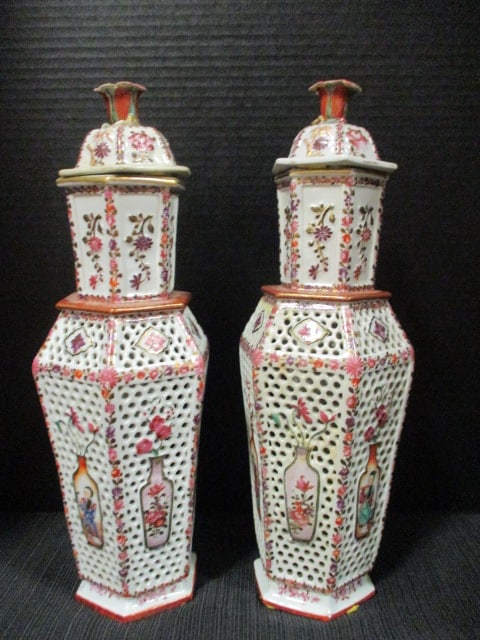 Pair of Tall Reticulated Faceted Lidded Urns with Handpainted Chinese Vase Motif: 14 1/2"h, rose finials have a few flea bites