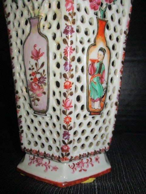 Pair of Tall Reticulated Faceted Lidded Urns with Handpainted Chinese Vase Motif - 2