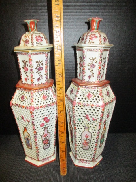 Pair of Tall Reticulated Faceted Lidded Urns with Handpainted Chinese Vase Motif - 8