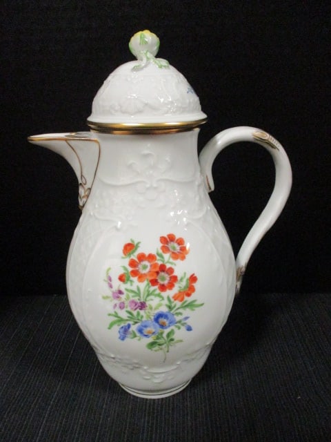 Vintage Miesen Handpainted Porcelain Coffee Pot with Flora Designs: 10"h, blue crossed swords underglaze on bottom