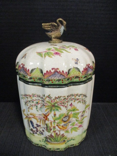 Chinese Style Crackle Glaze Porcelain Covered Jar with Bird and Floral Designs and Swan Finial: 9 1/4"h