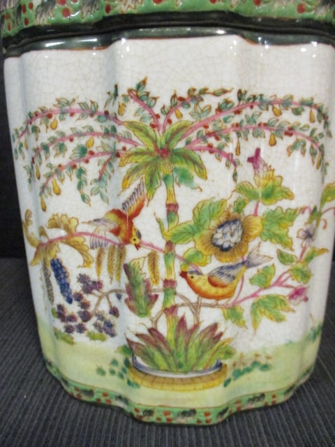 Chinese Style Crackle Glaze Porcelain Covered Jar with Bird and Floral Designs and Swan Finial - 3