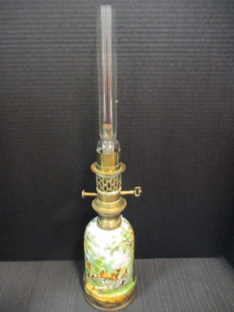 Antique Handpainted Big Game Stag Hunt Scene Porcelain Oil Lamp with Brass Burner: 22"h