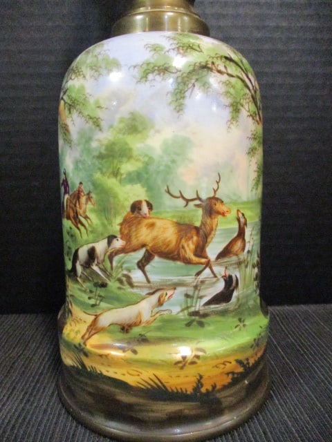 Antique Handpainted Big Game Stag Hunt Scene Porcelain Oil Lamp with Brass Burner - 2