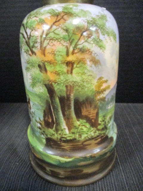 Antique Handpainted Big Game Stag Hunt Scene Porcelain Oil Lamp with Brass Burner - 3