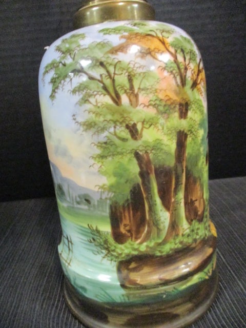 Antique Handpainted Big Game Stag Hunt Scene Porcelain Oil Lamp with Brass Burner - 4