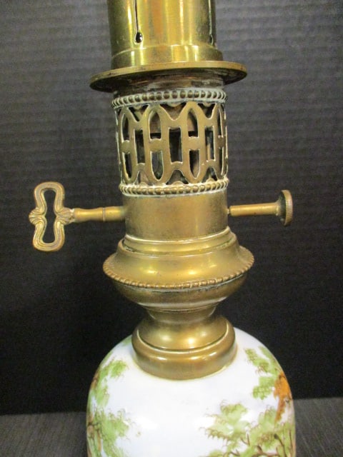 Antique Handpainted Big Game Stag Hunt Scene Porcelain Oil Lamp with Brass Burner - 5