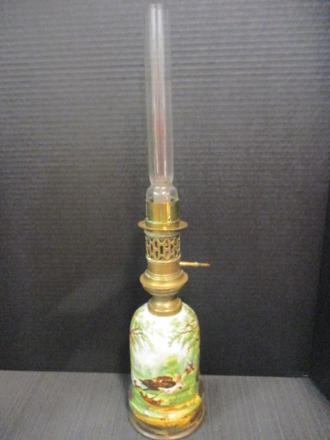 Antique Handpainted Big Game Boar Hunt Scene Porcelain Oil Lamp with Brass Burner: 22"h