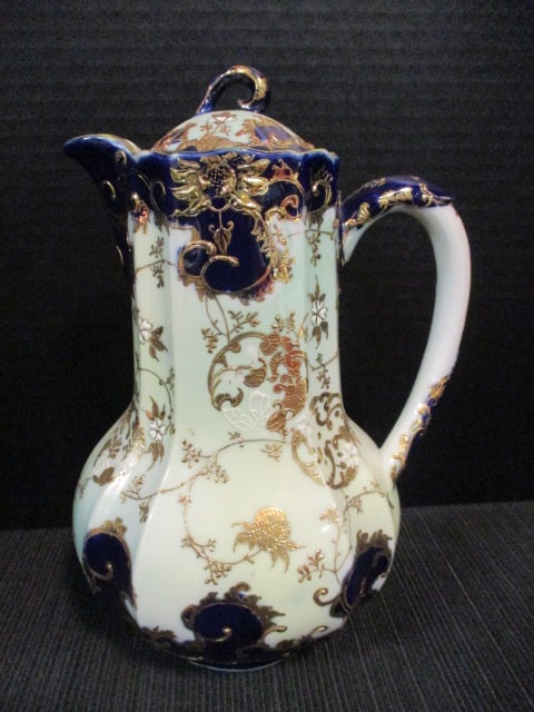 Vintage Handpainted Cobalt and Gilt Porcelain Chocolate/Coffee Pot: 9 1/2"h
