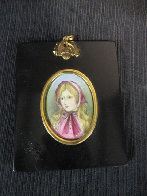 Monogram Signed Miniature Porcelain Portrait on Convex Plate: 3 1/2" x 4 1/4", monogram on right edge