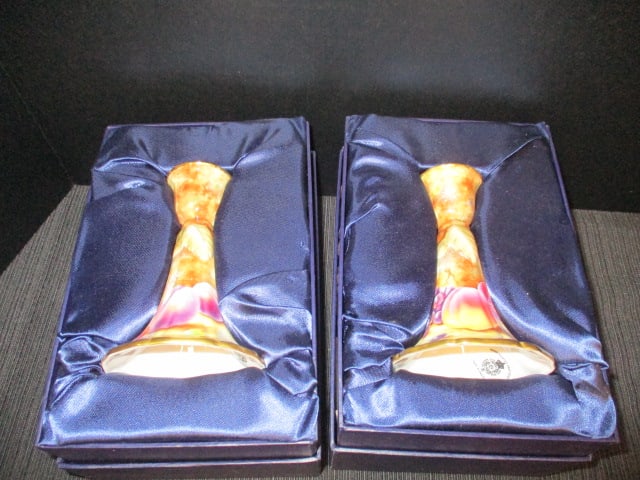 Pair of Signed Royal Worcester "Painted Fruit" Bone China Candle Holders in Original Box with COA: 4 7/8"h, artist S. Wood