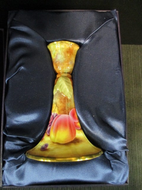 Pair of Signed Royal Worcester "Painted Fruit" Bone China Candle Holders in Original Box with COA - 2