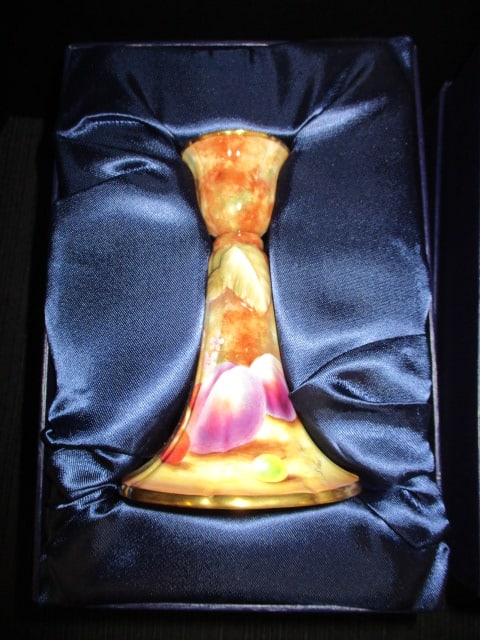 Pair of Signed Royal Worcester "Painted Fruit" Bone China Candle Holders in Original Box with COA - 3