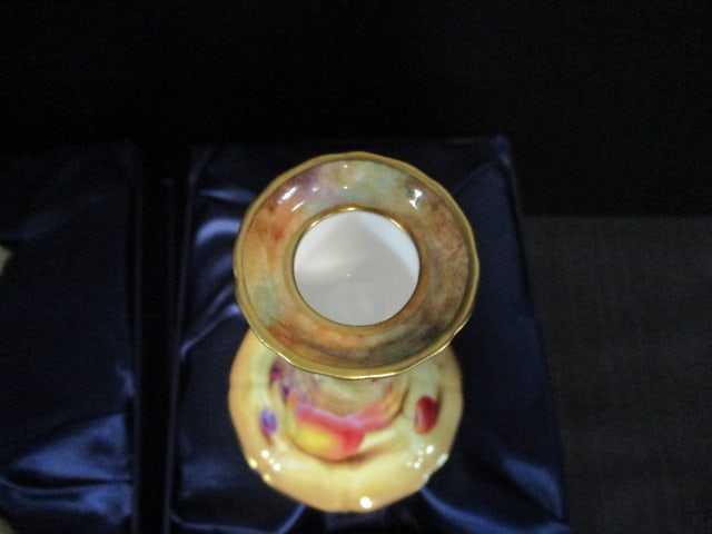Pair of Signed Royal Worcester "Painted Fruit" Bone China Candle Holders in Original Box with COA - 5