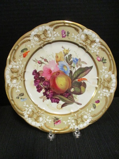 Antique Handpainted Porcelain Fruit and Flora Plate with Easel Stand: 9 1/4"dia
