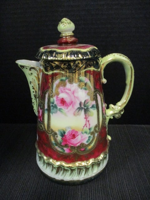 Antique Handpainted Porcelain Flora Design with Gilt Accents Coffee Pot: 9"h