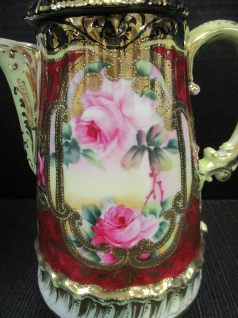 Antique Handpainted Porcelain Flora Design with Gilt Accents Coffee Pot - 2