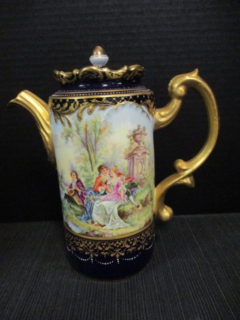 Antique Handpainted Dresden Victorian Courting Landscape Scene Porcelain Coffee Pot: 9"h, "H" in triangle Dresden in black underglaze, crossed swords with R. C. in gold over glaze