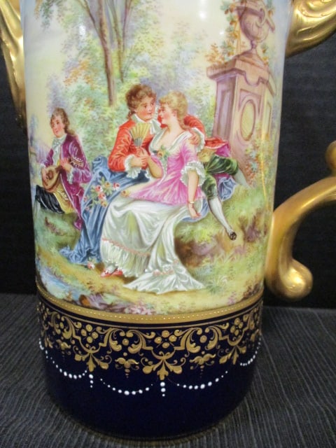 Antique Handpainted Dresden Victorian Courting Landscape Scene Porcelain Coffee Pot - 2